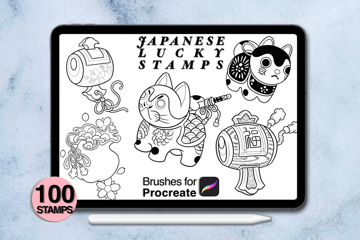100 procreate Japanese lucky stamps, a Brush Add-On by Arts For Peace (Photo 7 of 9)