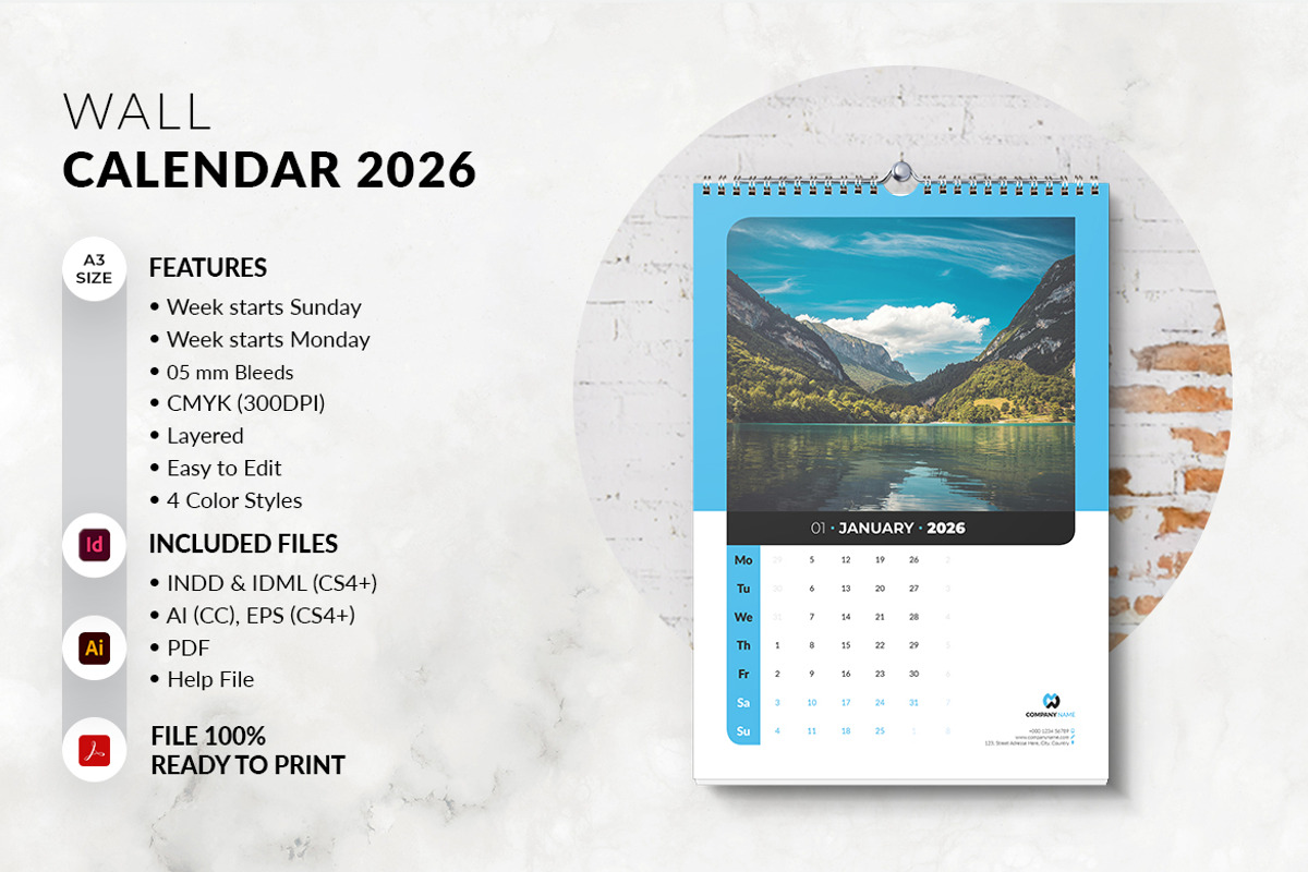 A3 Size Wall Calendar 2026 Printable, a Stationery Template by MstArtwork (Photo 4 of 8)
