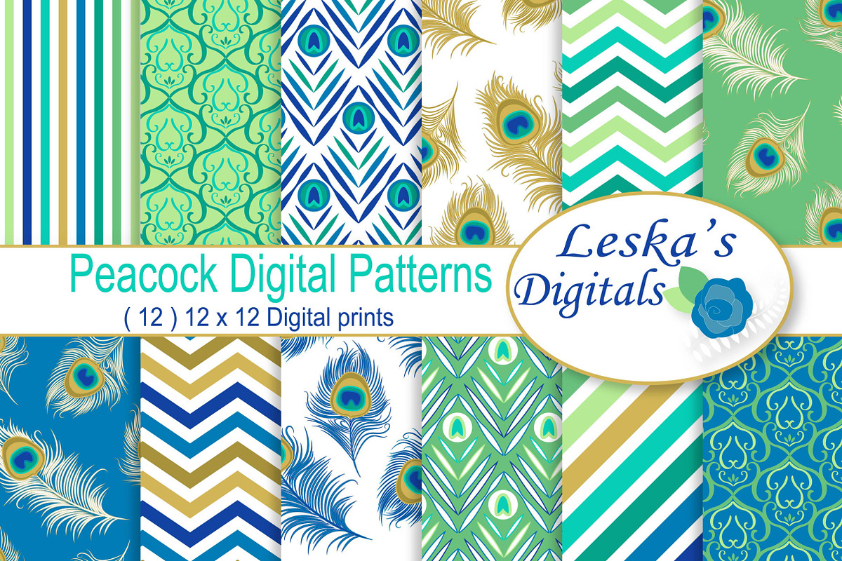 Peacock Digital Paper Patterns, a Pattern Graphic by Leska's Digitals