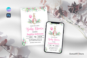 Baby Shower Pink Bunny Invitation, an Invitation Template by SvetaArtStore
