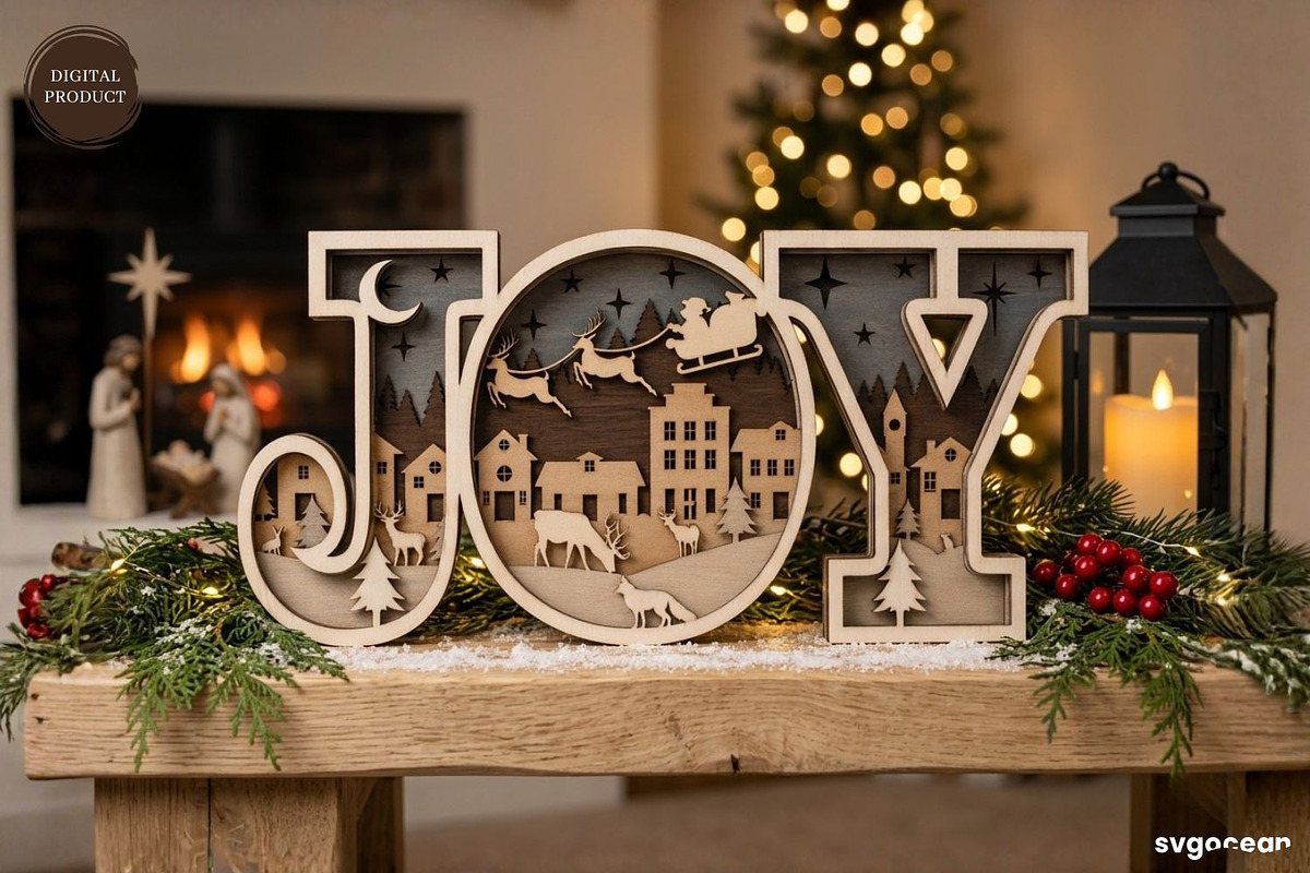 Joy Christmas Shadow Box Laser Cut, a Decorative Illustration by svgocean (Photo 1 of 3)