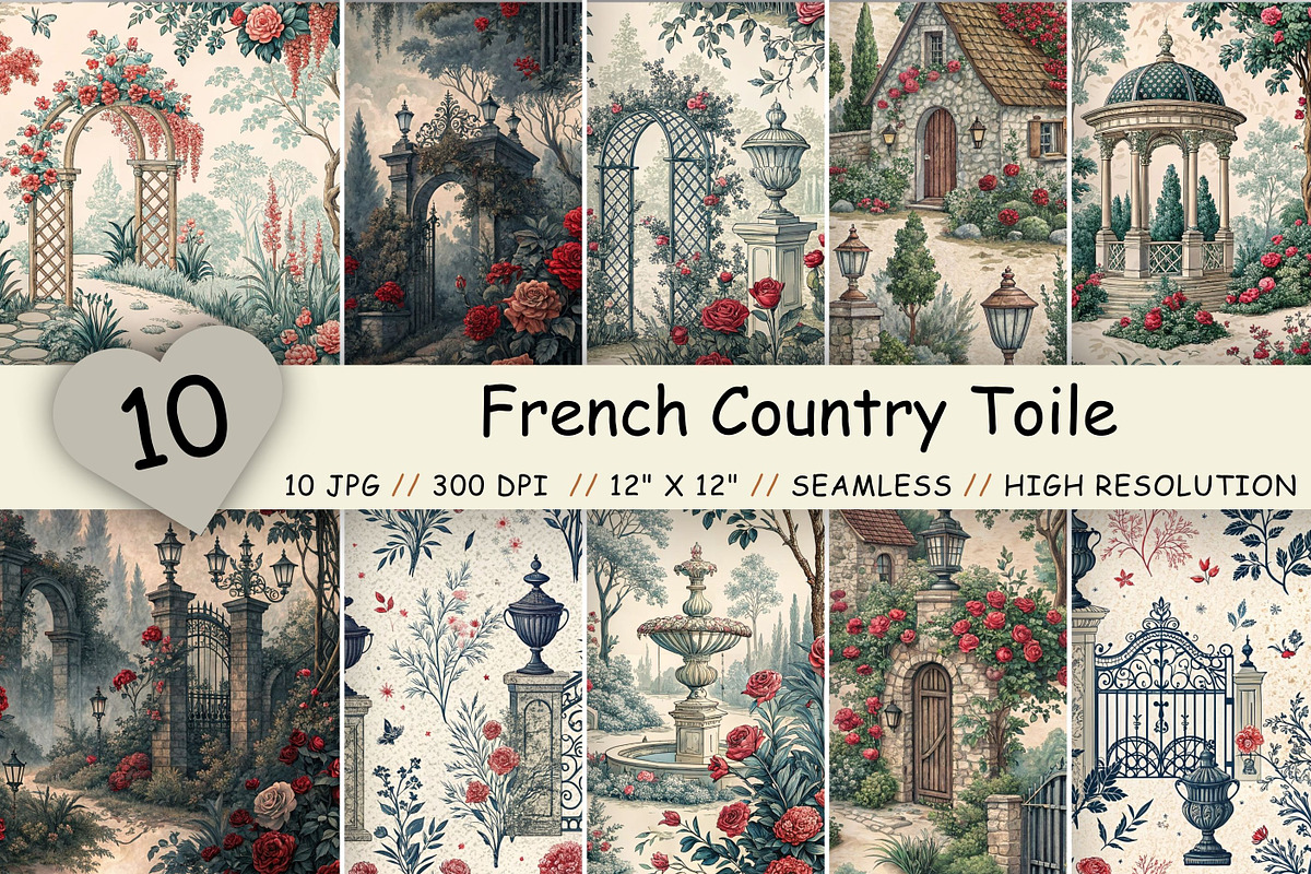 French Country Toile Bundle Paper, a Pattern Graphic by FloridPrintables (Photo 1 of 9)