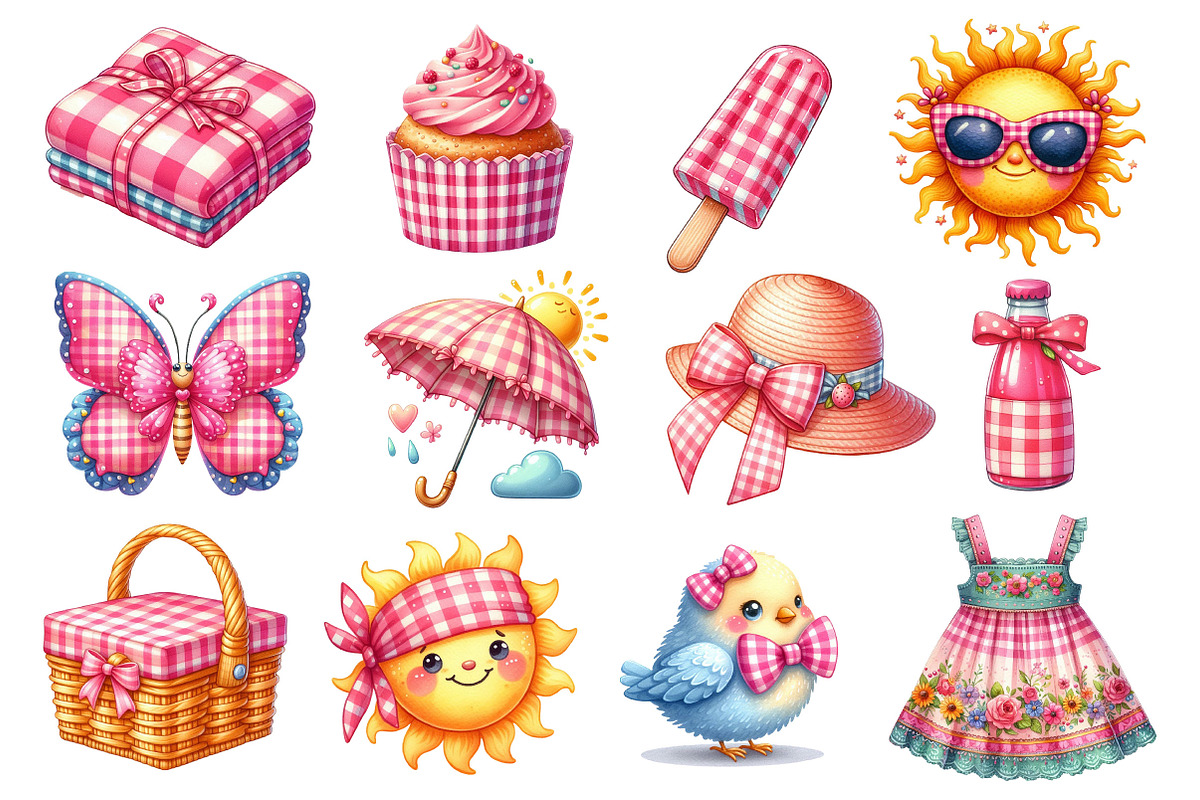 Bohemian Pink Gingham Summer Clipart, an Illustration by Dream Creation (Photo 3 of 4)