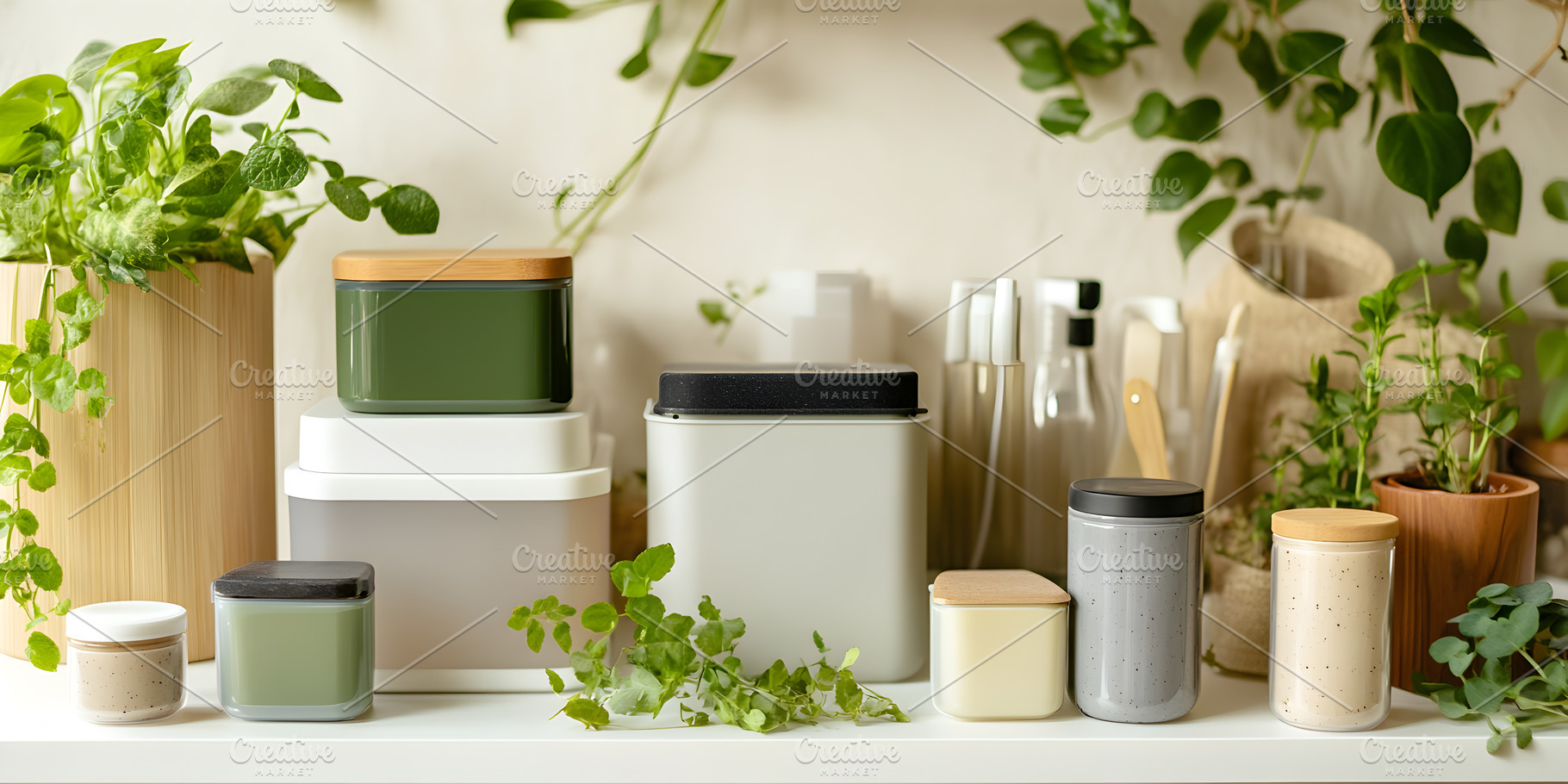 Minimalist kitchen containers with f, an Abstract Photo by Photostock