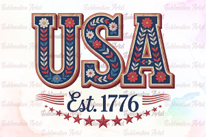 Floral Embroidery USA Png Retro Amer, an Illustration by Sublimation Artist
