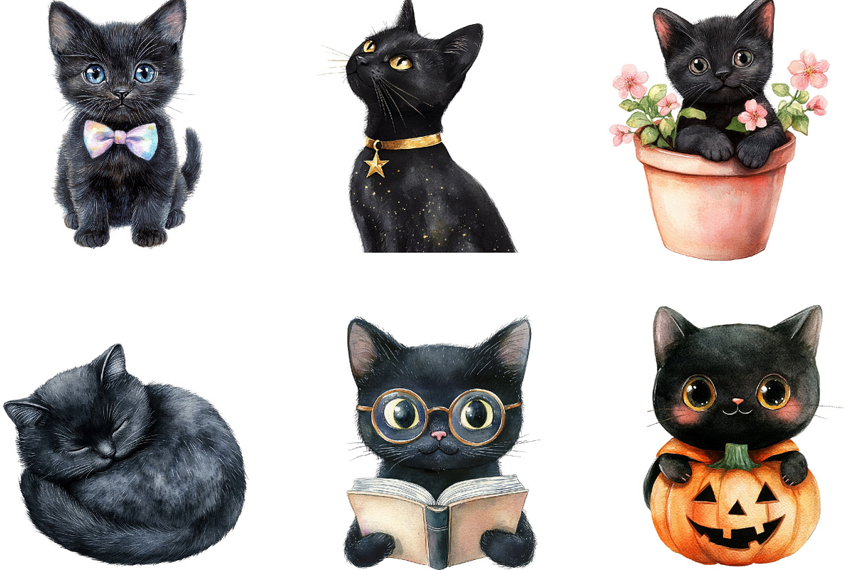 Watercolor Cute Black Cat Clipart, an Animal Illustration by cherrydesign (Photo 3 of 3)