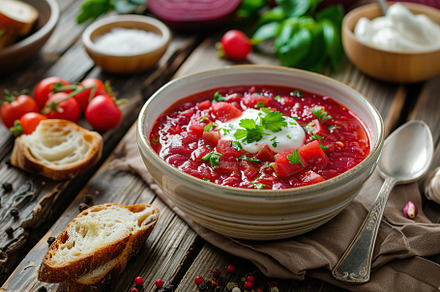 Bowl of beet root soup borsch on wooden table, a Food & Drink Photo by AlyaAnd