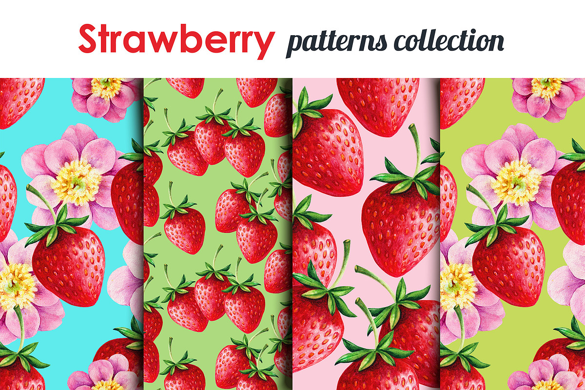 Strawberry watercolor patterns set, a Pattern Graphic by LoveDesignShop (Photo 1 of 2)