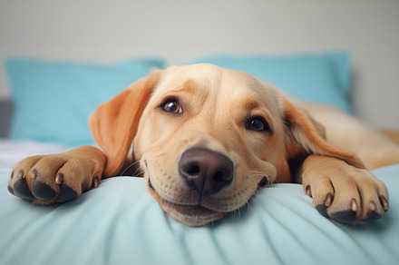 Dogs on a bed is smiling, close-up, humorous, an Animal Photo by zakiroff