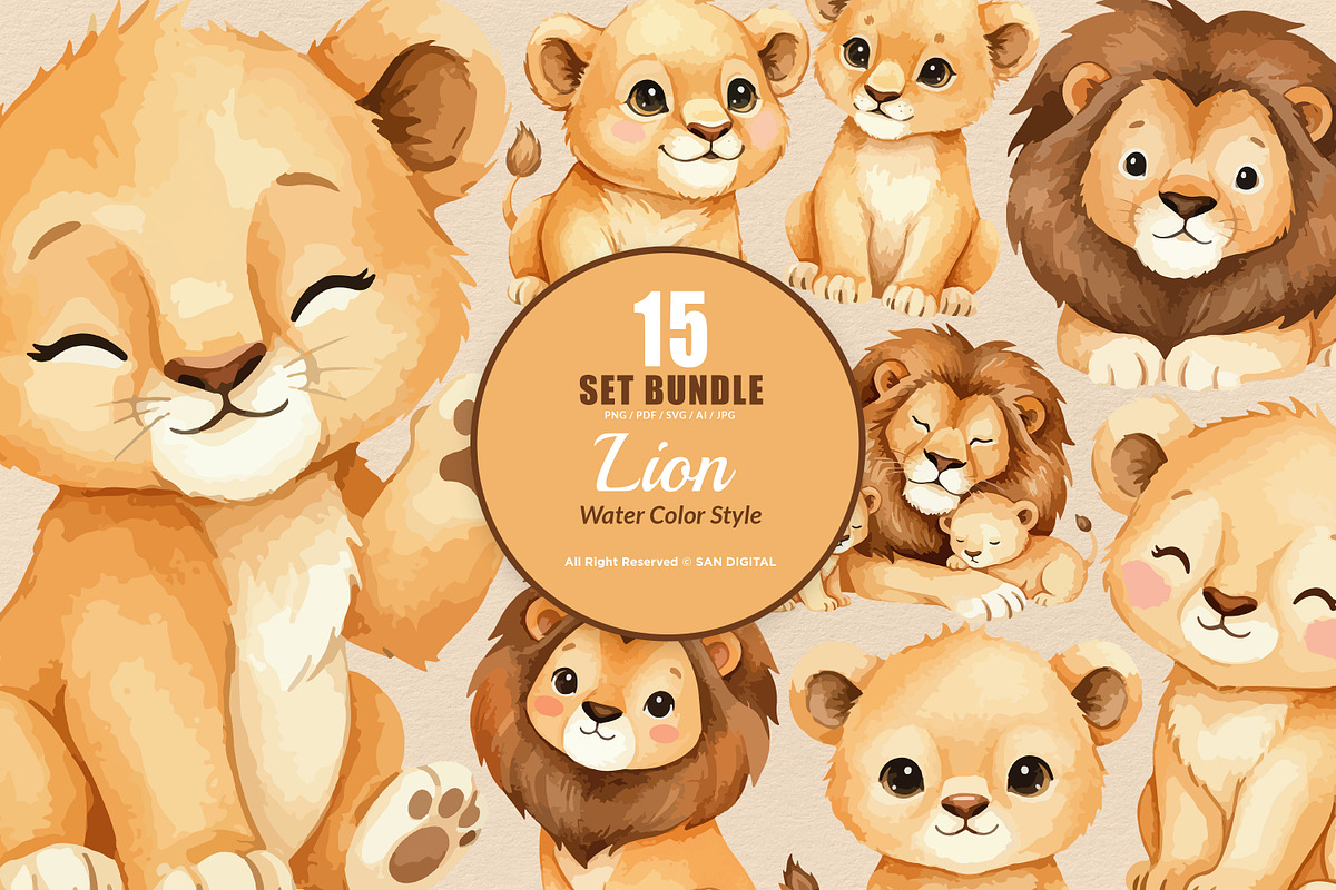 15 Bundle Watercolor Cute Lion Fam, an Animal Illustration by Morspective (Photo 1 of 8)
