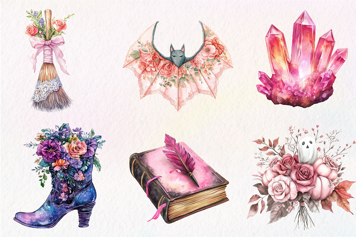Pink Halloween Witch Wedding Clipart, an Illustration by CreationArt (Photo 4 of 5)