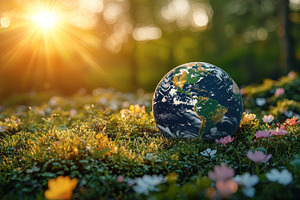 Planet Earth resting in a vibrant flower field under golden sunl, a Nature Photo by José Manuel Gelpi