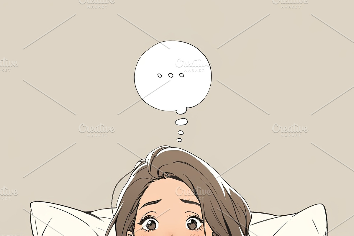 Thoughtful woman sitting in bed using a laptop facing a puzzling question, an Illustration by AS photostudio