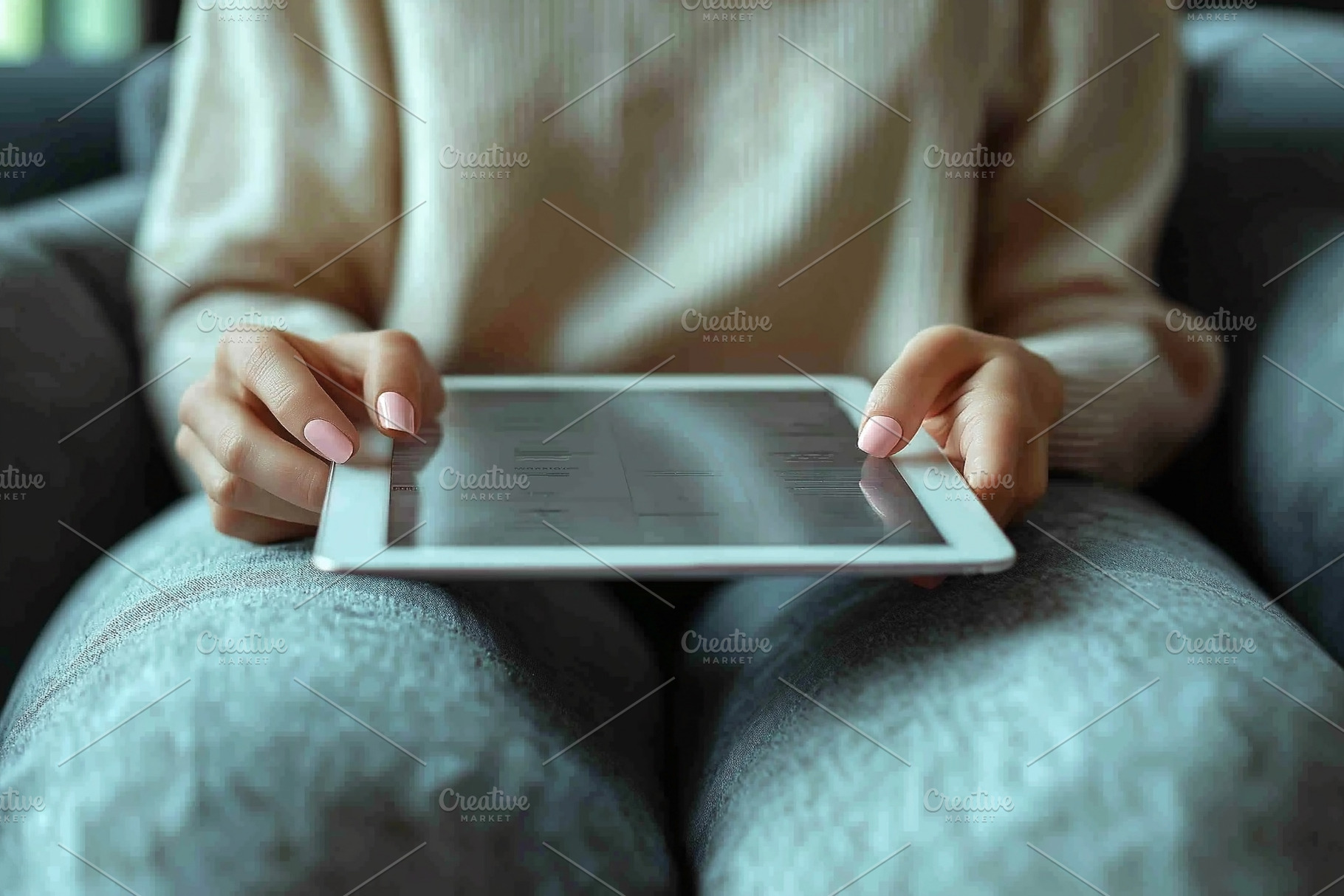 A young woman of Asian descent casually using a tablet while seated comfortably, a Person Photo by ImageMir