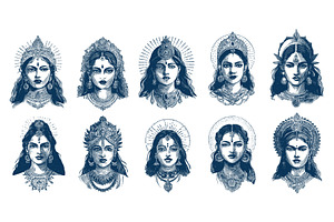 Hindu goddesses engraving set, an Object Illustration by Stock-Smart-Start