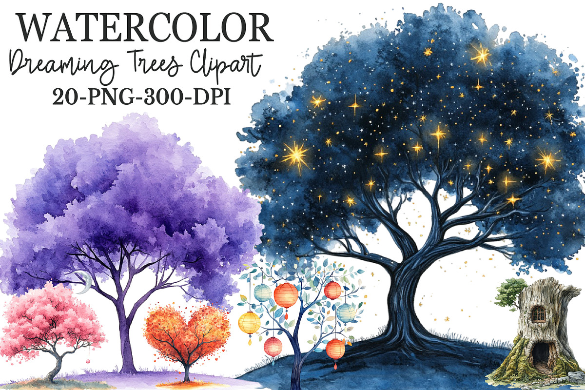Watercolor Dreaming Trees Clipart, an Illustration by Rose Art (Photo 1 of 7)