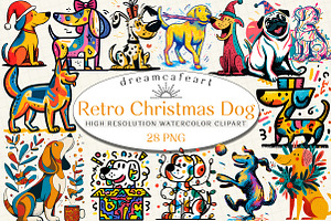 Retro Christmas Dog Clipart, an Illustration by DreamCafeArt