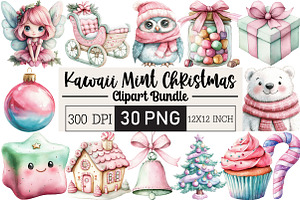 Kawaii Pink Mint Christmas Clipart, an Illustration by Black Bird Studio