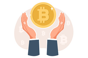 Two traders hands holding bitcoin, a Finance Illustration by Vectorbuum