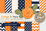 Orange and Navy Digital Papers, a Pattern Graphic by JennyL Designs (Thumbnail 1 of 3)