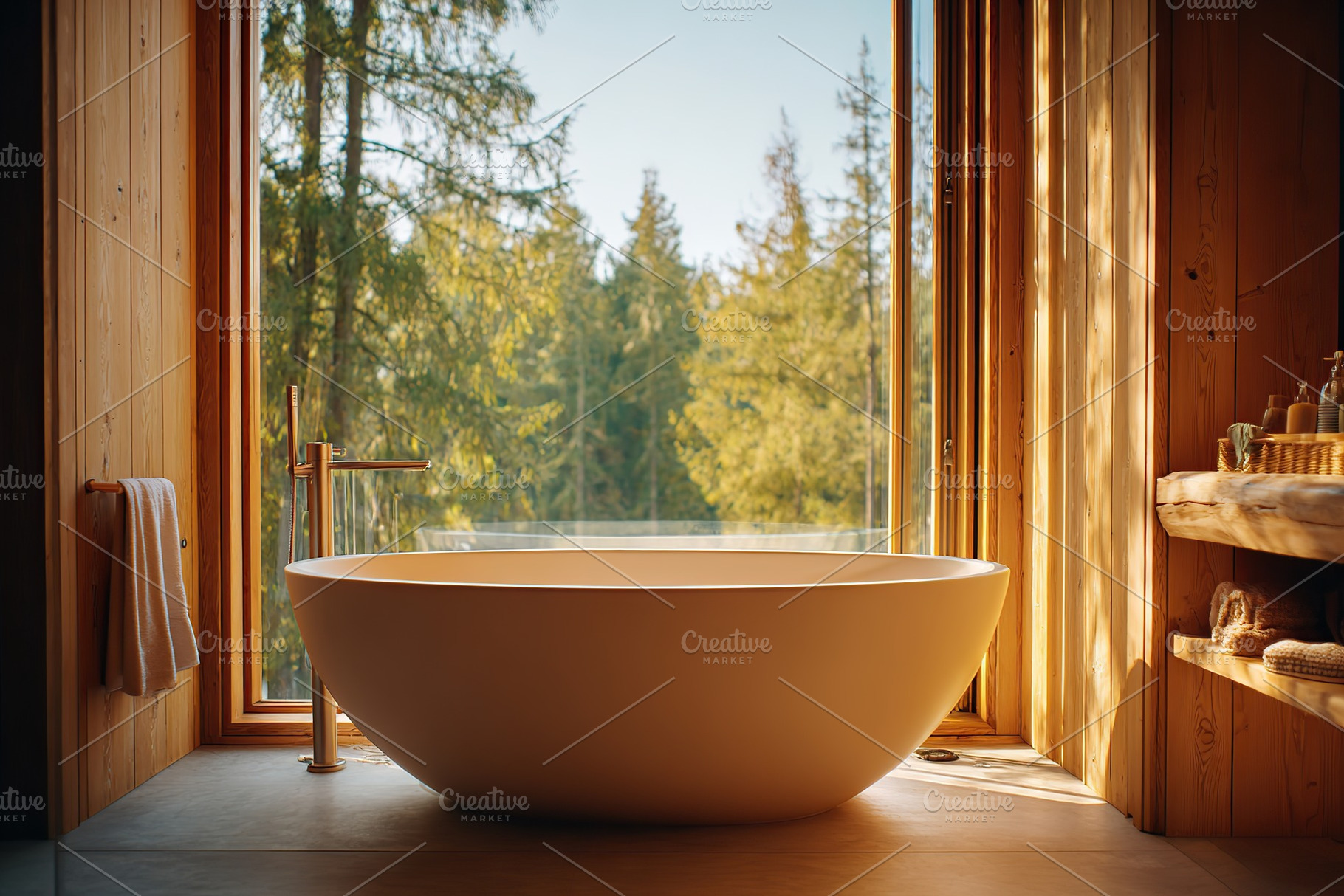 Luxurious bathtub in a cozy cabin with a stunning view of lush trees through an, a Photo by AlyaAnd