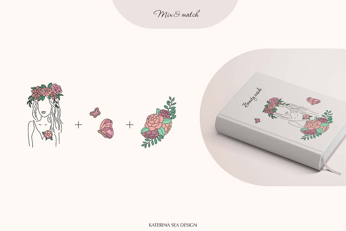 Line art floral woman & elements, a Person Illustration by Katerina.Sea.Design (Photo 9 of 10)