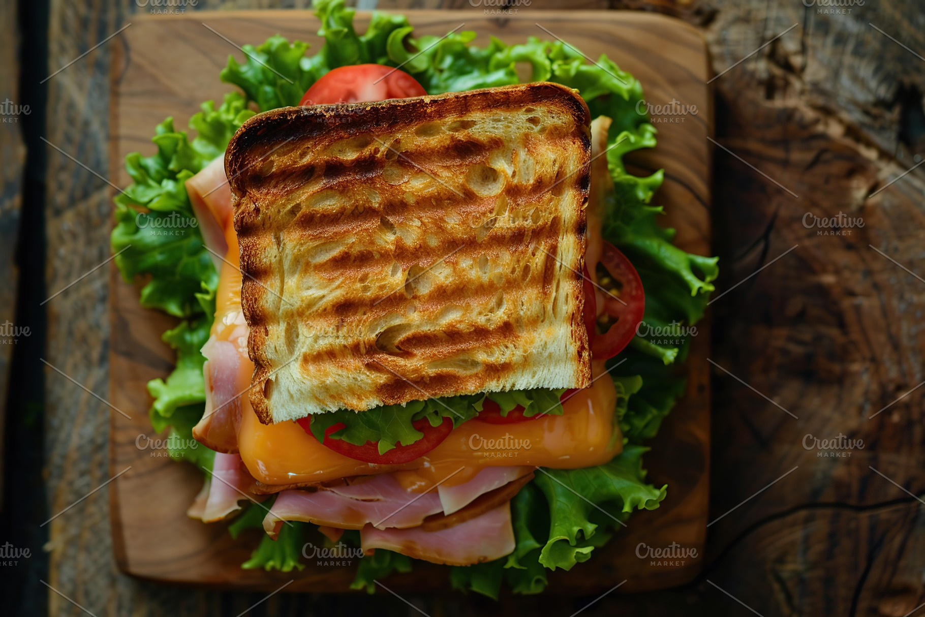 Toast sandwich with cheese, turkey ham, tomato and fresh lettuce on wooden tabl, a Food & Drink Photo by AlyaAnd