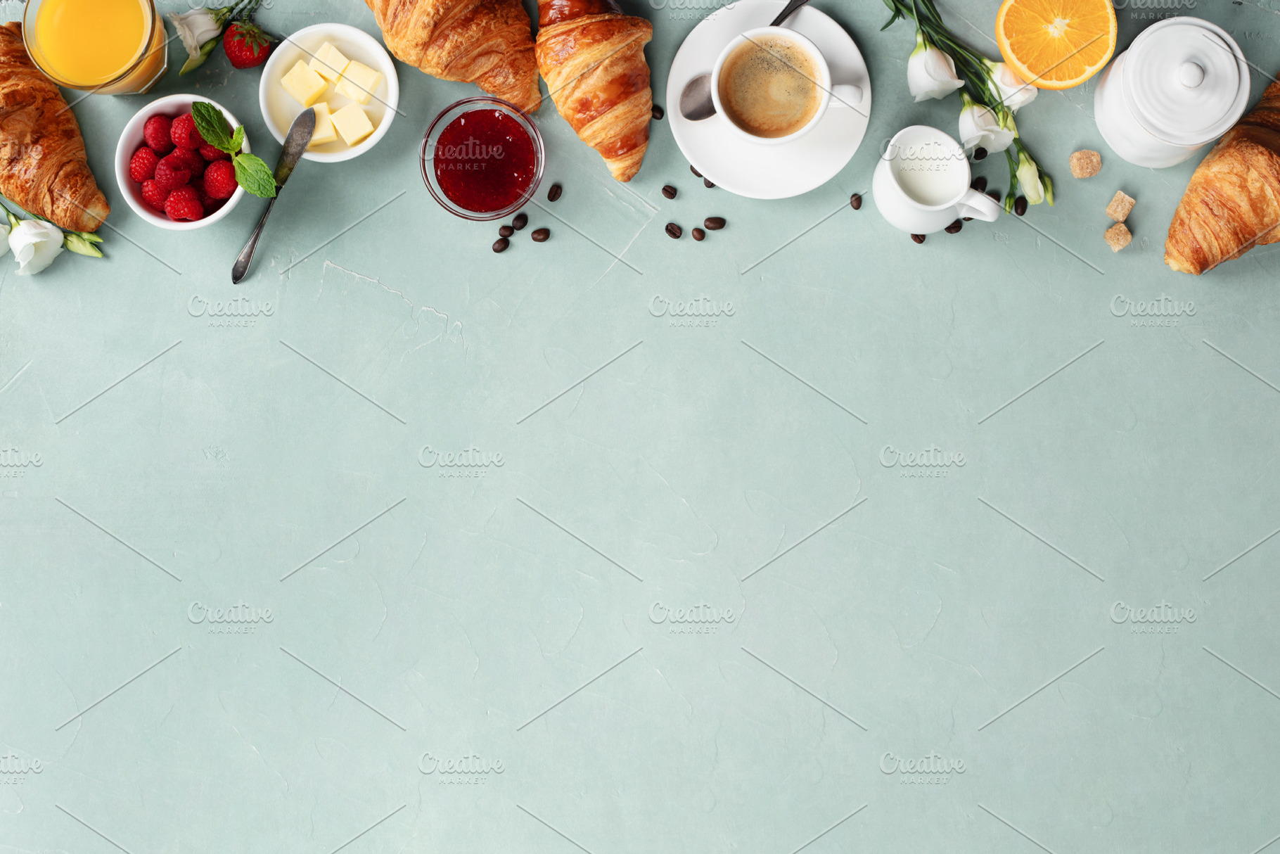 Breakfast Frame with Croissants Coffee and Juice Copy Space, a Food & Drink Photo by Natalia Klenova's Shop