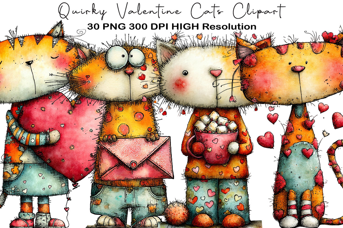 Quirky Valentine Cats Clipart, an Animal Illustration by Black Bird Studio (Photo 1 of 6)