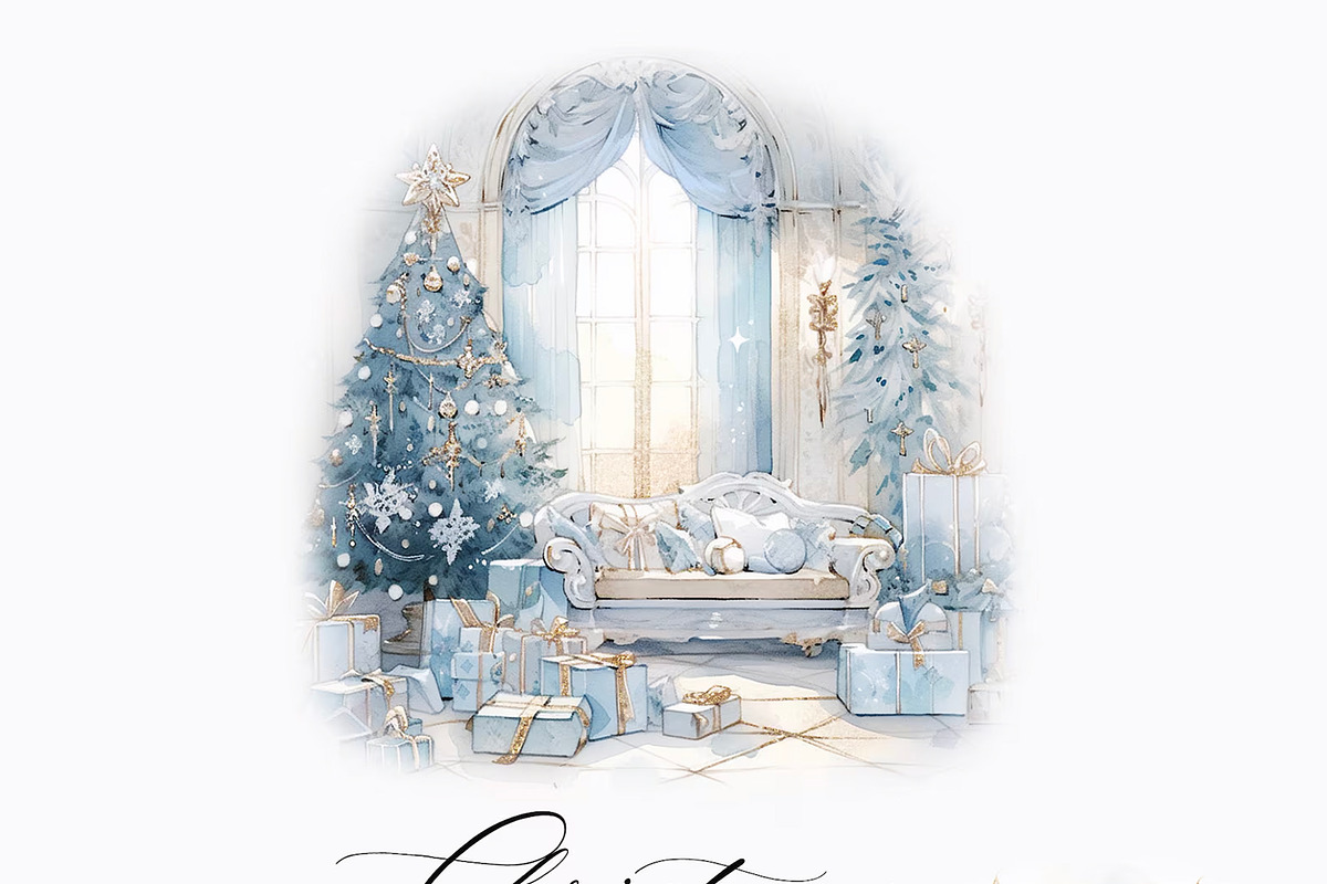 Christmas Blue Watercolor Dreamy Set, a Seasonal Illustration by studioequinox (Photo 6 of 10)