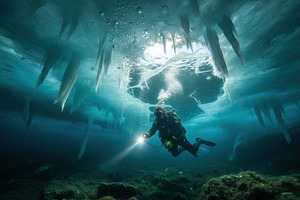 Scuba Diver Explores Beneath A Frozen Layer Of Ice With Dive Light