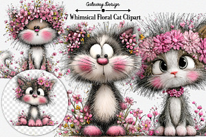 Whimsical Floral Cat Clipart Bundle, an Illustration by GatewayDesign