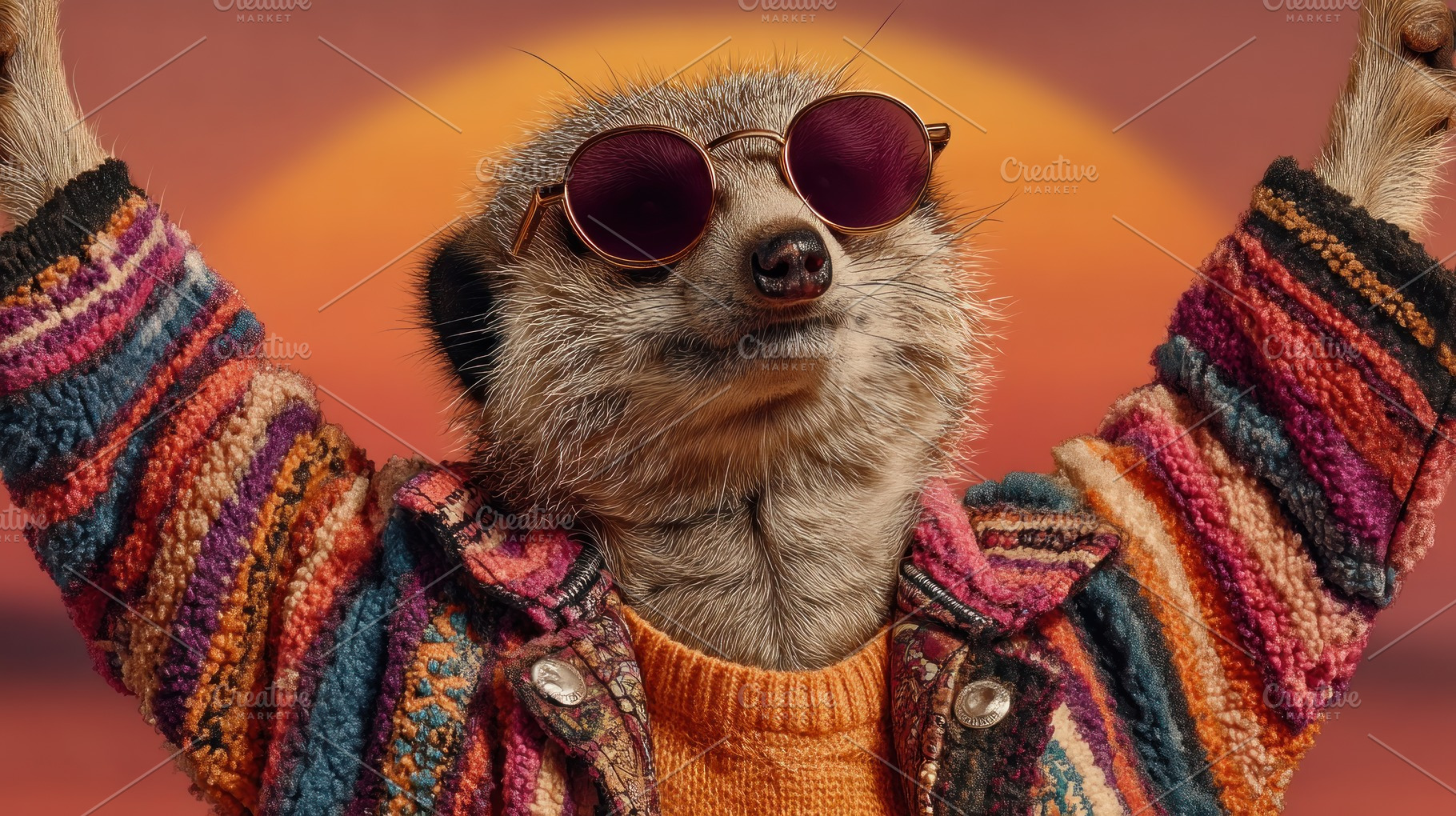 Stylish meerkat wearing colorful retro sweater and round sunglas, an Animal Photo by José Manuel Gelpi