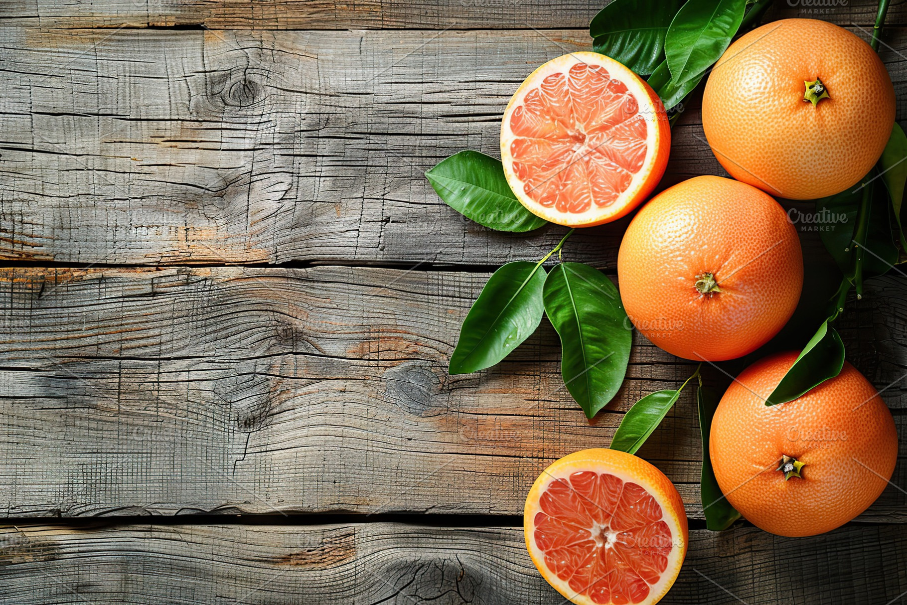 Fresh grapefruit with green leafs and copyspace for text on wooden table, a Food & Drink Photo by AlyaAnd