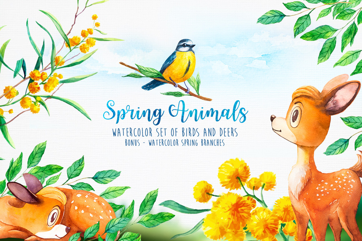Spring Animals. Watercolor., an Animal Illustration by AlexGreenArt (Photo 1 of 3)