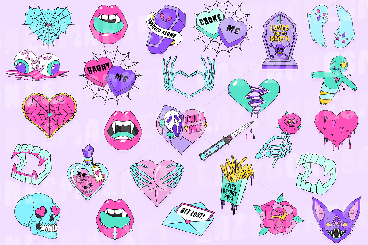 Pastel goth valentines clipart, an Illustration by LazyBonesMarket
