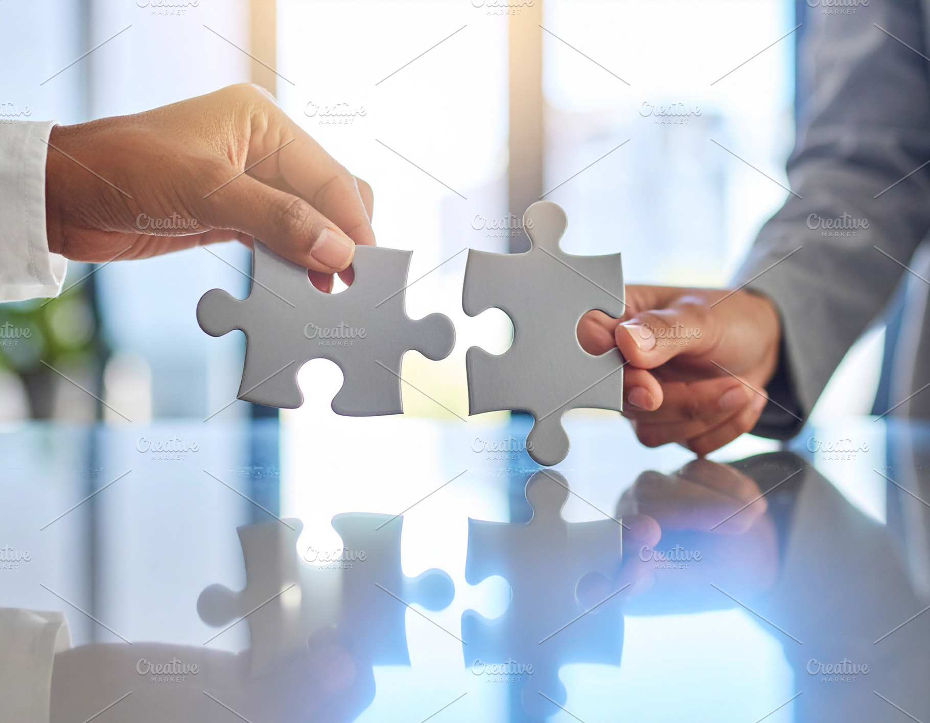 Two professional hand connecting two puzzle pieces on a desk, a Business Photo by DanFLCreativo