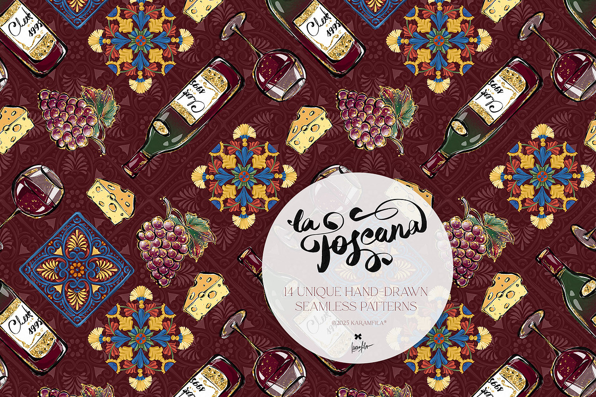 Tuscany Tiles Wine Seamless Patterns, a Pattern Graphic by KaramfilaS (Photo 10 of 18)