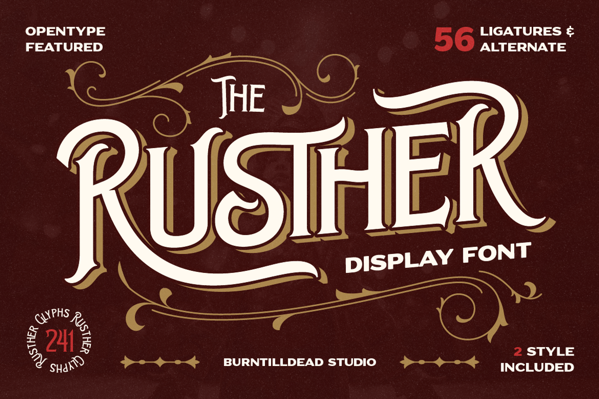 Rusther, a Serif Font by Burntilldead (Photo 1 of 12)