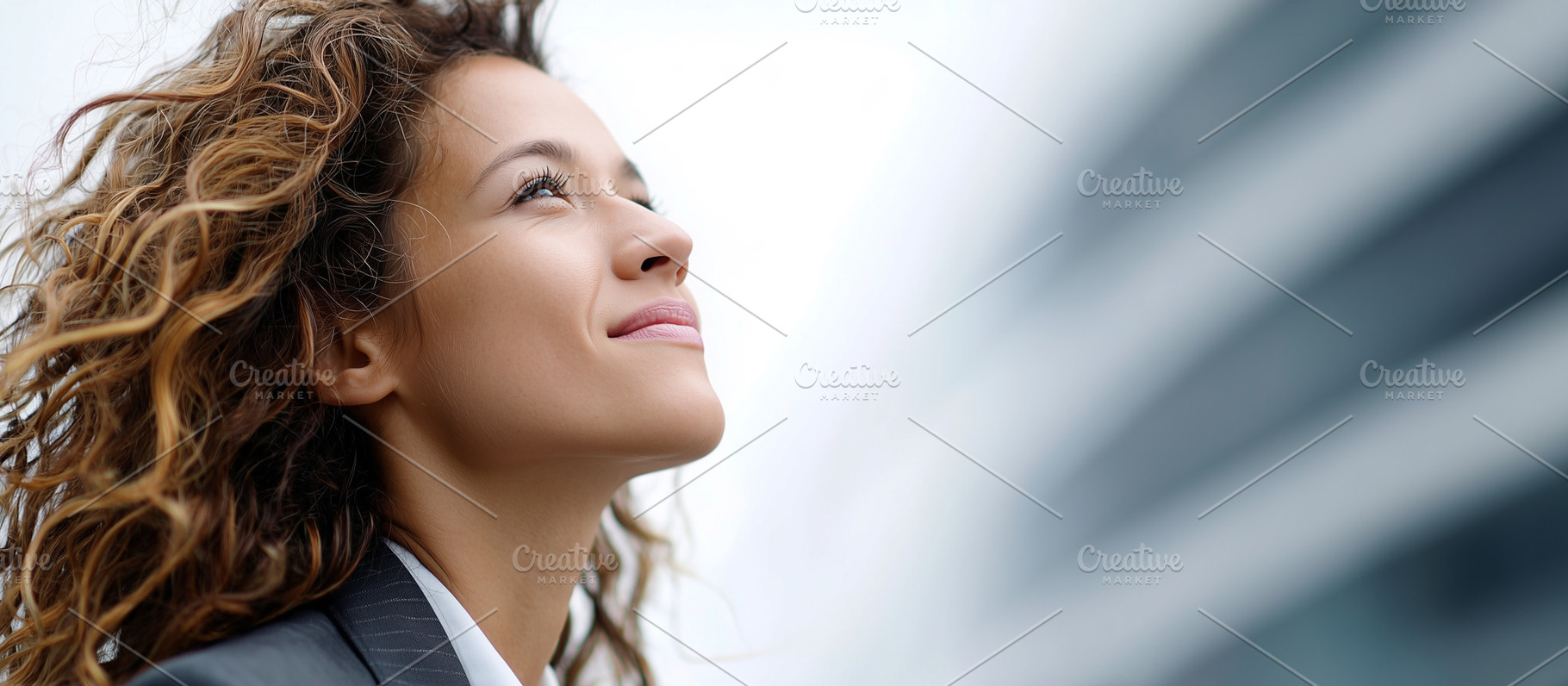 Confident woman with curly hair and, a Business Photo by MistyDay
