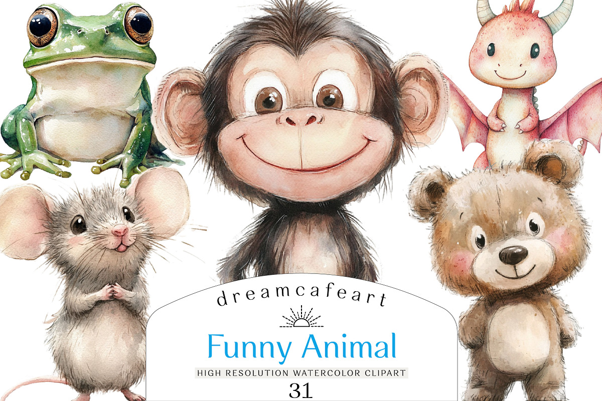 Funny Animal Clipart Bundle, an Illustration by DreamCafeArt (Photo 1 of 5)