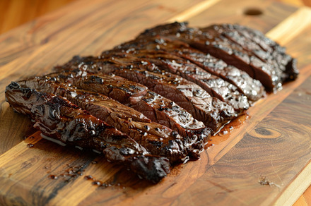 Sliced brisket served on a wooden cu, a Photo by Tanuart