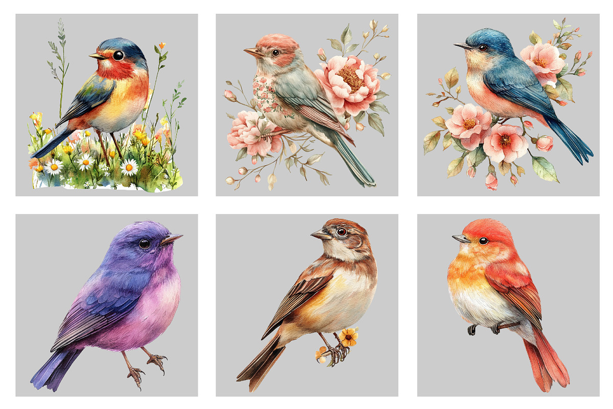 Watercolor Floral Birds Clipart, an Illustration by Black Bird Studio (Photo 3 of 5)