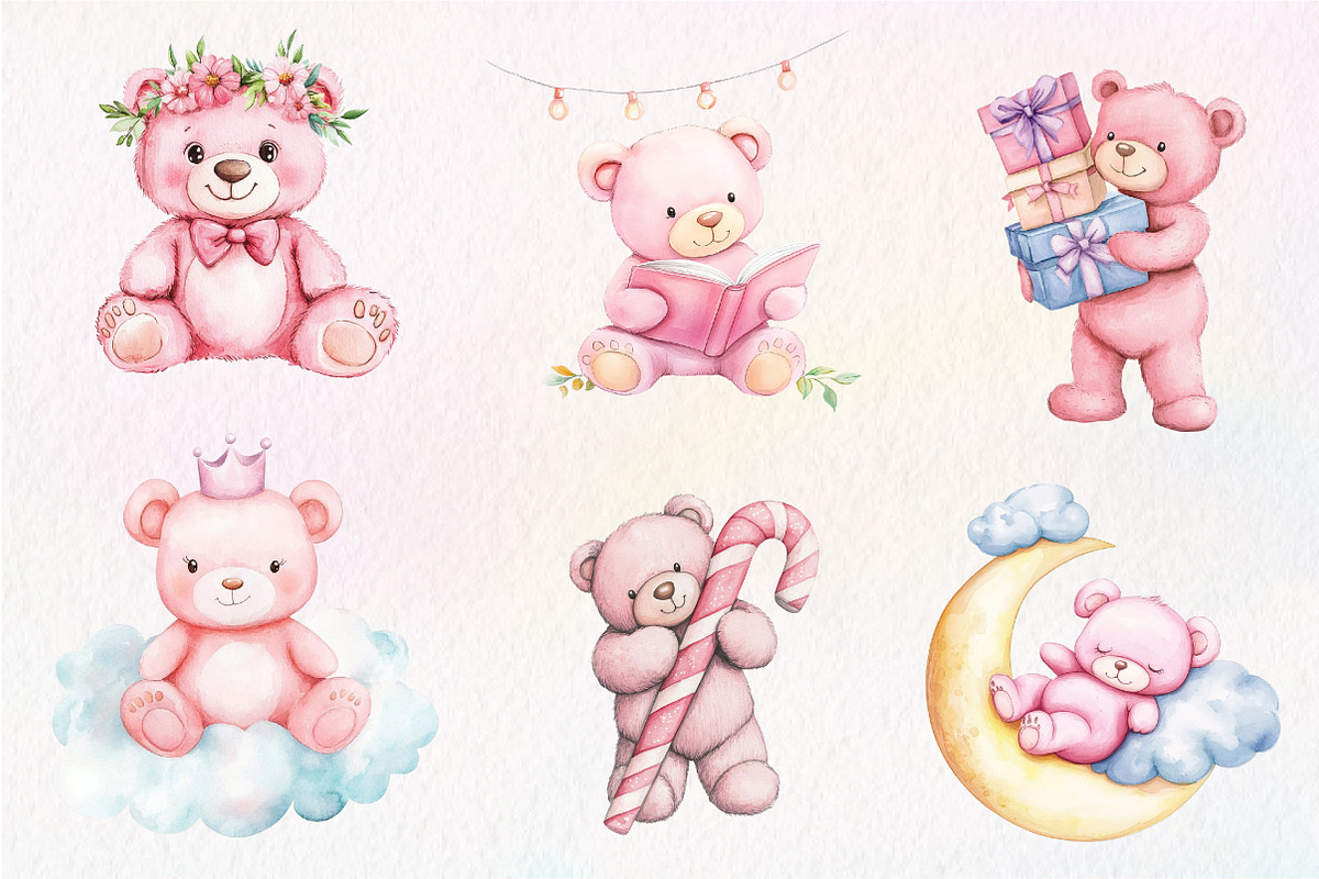 Watercolor Pink Cute Blush Teddy Bea, an Illustration by CreationArt (Photo 5 of 9)
