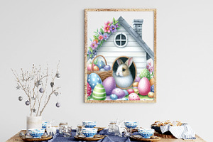 Watercolor Easter Bunny House PNG