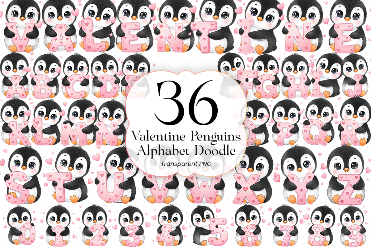 Valentine Penguins Alphabet PNG, an Animal Illustration by KennedyStudio (Photo 1 of 5)