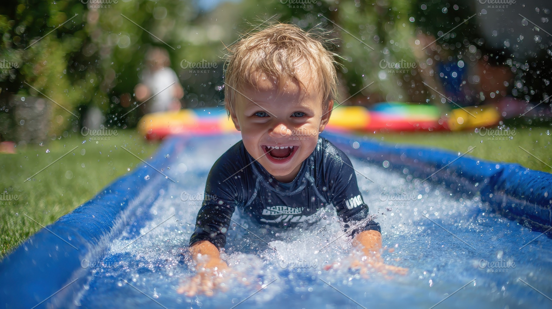 Happy toddler boy sliding on inflata, a Photo by Pixeness Studio