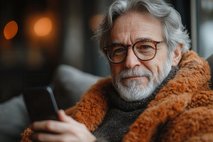 Older man in cozy sweater relaxes wi, a Photo by Tanuart