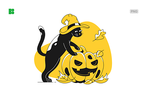 Witch Cat With Halloween Pumpkin