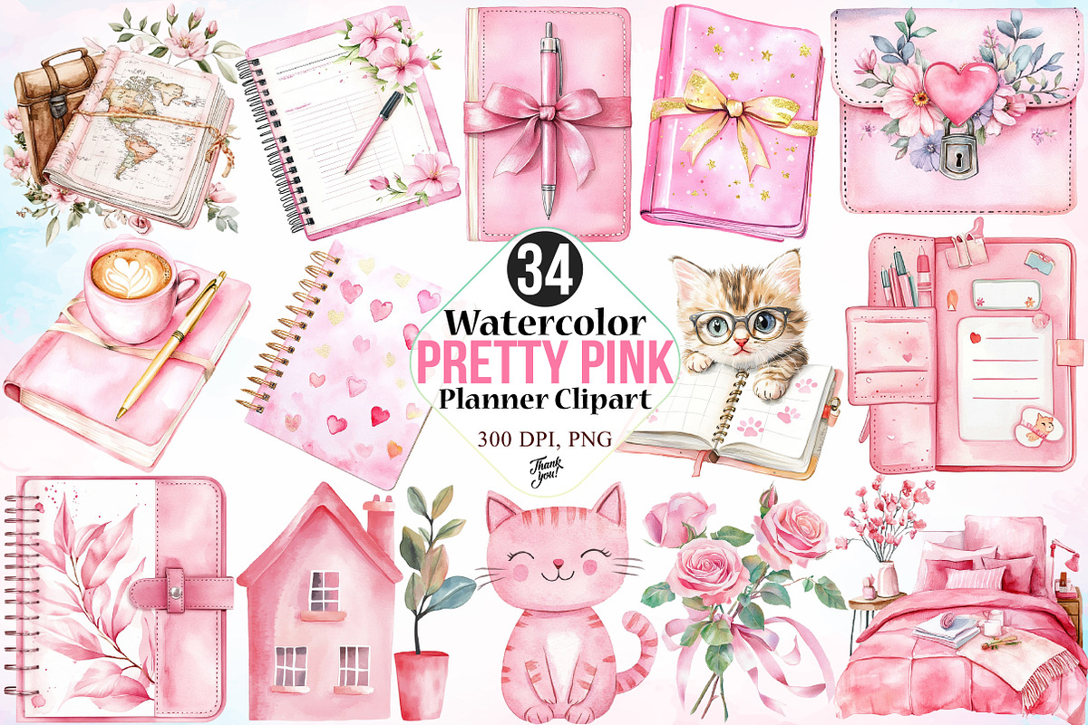 Watercolor Pretty Pink Planner PNG, an Illustration by Canvas Craft (Photo 1 of 4)